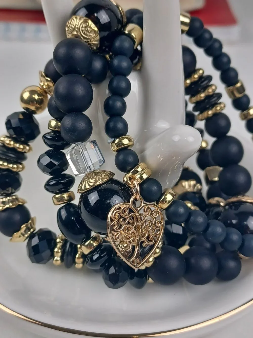 4-Piece Bohemian Beaded Bracelet Set - Black Heart & Tree Pendants